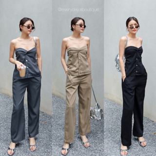 NEW BASIC WOMEN STYLE 🩶🤎🖤(530฿ฟรีส่ง) ชุดเซทเกาะอก ผ้าโพลีเอสเตอร์ รุ่นนี้ทางร้านทำความยาวกางเกงมาให้กำลังดี glam