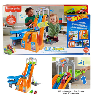 Fisher-Price Little People Toddler Playset Hot Wheels Racing Loops Tower Race Track with Stunt Ramp &amp; Sounds