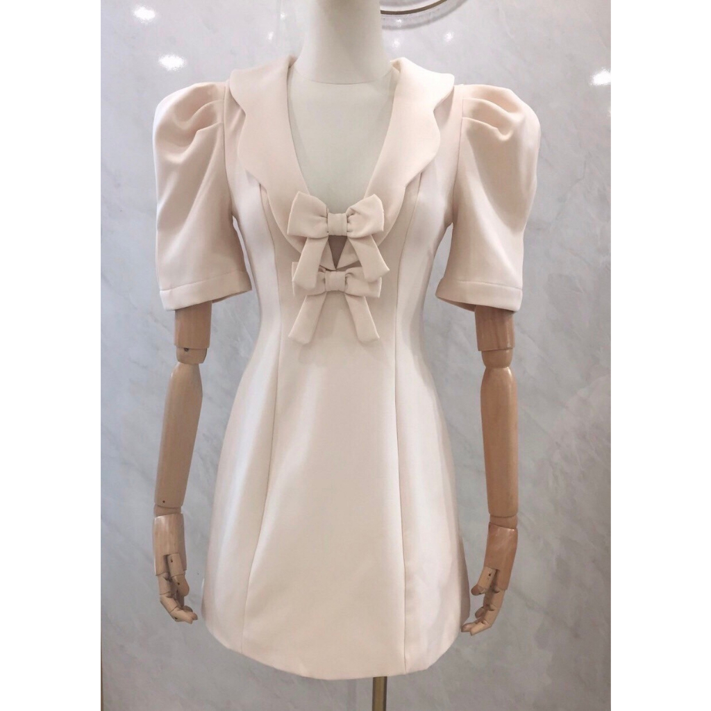 stylistaเดรสแขนสั้น-คอปก-เเต่งโบว์ช่วงอก-เช็คสต๊อกก่อนกดสั่ง