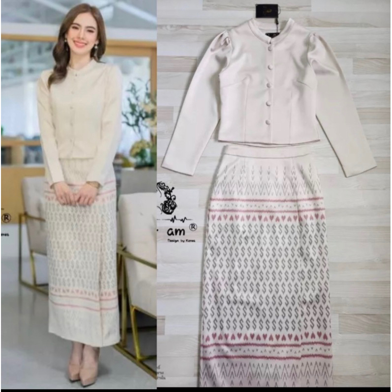 ชุดไทยจิตรลดาสีครีม ลายขอ ทรงสวยผ้าดี พร้อมส่ง ไซส์ S-4XL มุมมองที่ 6