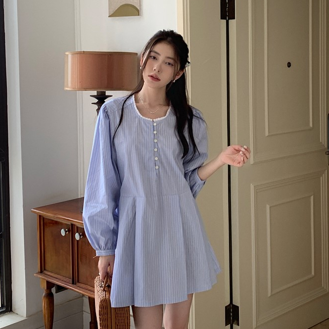 พร้อมส่ง-blue-line-minidress-c4014-มินิเดรสสั้น-มินิเดรสสั้นลายทาง-เดรสสั้นมินิมอล-เดรสสั้นเกาหลี