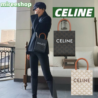 🍒เซลีน Celine กระเป๋า VERTICAL CABAS ขนาดมินิ ผลิตจากผ้าแคนวาสลายทรียงฟ์และหนังลูกวัวพร้อมลายพิมพ์ CELINE/MINI tote bag