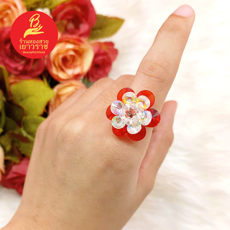 แหวนคริสตัลโมดาร์-ทรงดอกไม้-ฟรีไซส์-สีโรเดียม-เรียบหรู-ใส่ได้ทุกโอกาส-แฟชั่น-รูปถ่ายจากสินค้าจริง