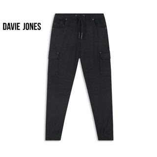 DAVIE JONES กางเกงจ็อกเกอร์ เอวยางยืด ขาจั๊ม สีดำ Drawstring Joggers in black GP0139BK