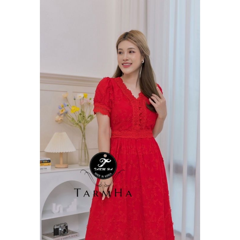 3dชุดสีแดงรับตรุษจีน-s-6xl-dress-เดรสสีแดงปักดอกไม้3มิติแขนพอง-งานป้าย-tarm-ha