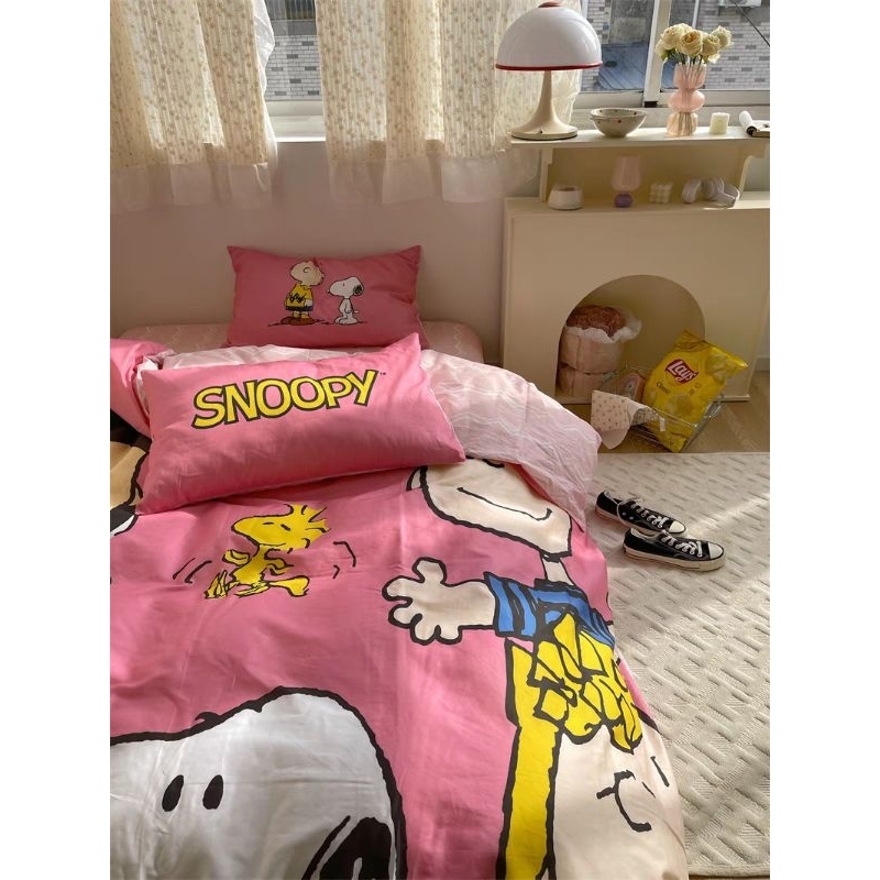 ผ้าปูที่นอน-ผ้าฝ้าย-100-ลาย-snoopy-สีชมพูวินเทจ