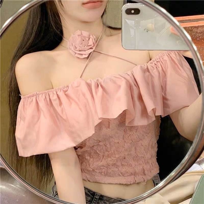 ey-937-พร้อมส่งเสื้อปาดไหล่แต่งสายผูกคอมากับตอกไม้ประดับ-อกใส่ได้ไม่เกิน34นิ้ว