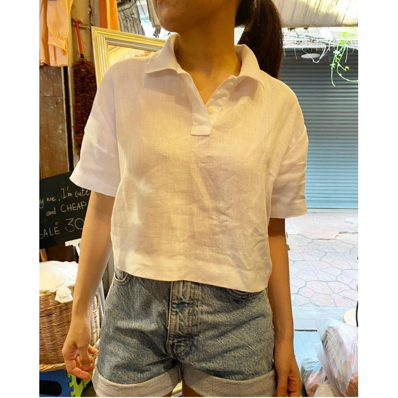 จากร้านstorehouse-สวนจตุจัดร-ครอป-linen-คอทรงpolo-x-m-ทรงน่ารักมาก-ขาวสะอาด-อก-40-ยาว-19-จากร้านstorehouse-สวนจตุจักร