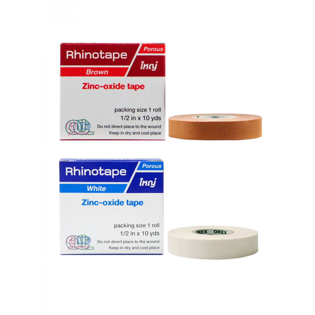 rhinotape-ไรโนเทป-เทปผ้าล็อค-ผ้าเคลือบกาวยาง-เทปตกแต่งแผล-สีขาว-สีน้ำตาล-0-5-ยาว-10-หลา-1-ม้วน