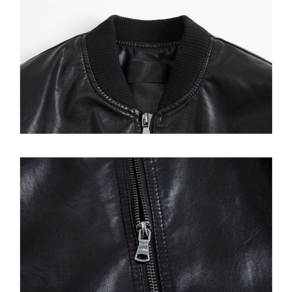 catalog-fashion-เสื้อแจ็คเก็ตหนังแขนยาวจั๊ม-สีดำพื้น-มีซิปและกระเป๋าหน้า