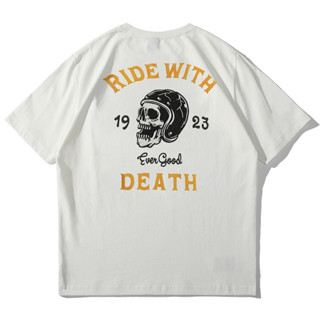 Skull American Retro Trend Mens Hot-blooded College แขนสั้นเสื้อยืดผ้าฝ้ายบุคลิกภาพรถจักรยานยนต์