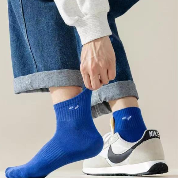ถุงเท้าผ้าฝ้ายสีทึบของผู้ชาย-ถุงเท้ากีฬาตาข่าย-ดูดซับเหงื่อและระบายอากาศได้ดี