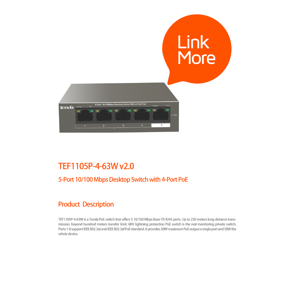 tenda-switch-poe-รุ่น-tef1105p-4-63w-พอร์ตแลน-1-ช่อง-10-100-mbps-4-poe-af-at