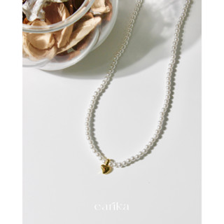 earika.earrings - mini gold heart pearl beads necklace สร้อยคอไข่มุกจี้หัวใจสีทอง เหมาะสำหรับผิวแพ้ง่าย