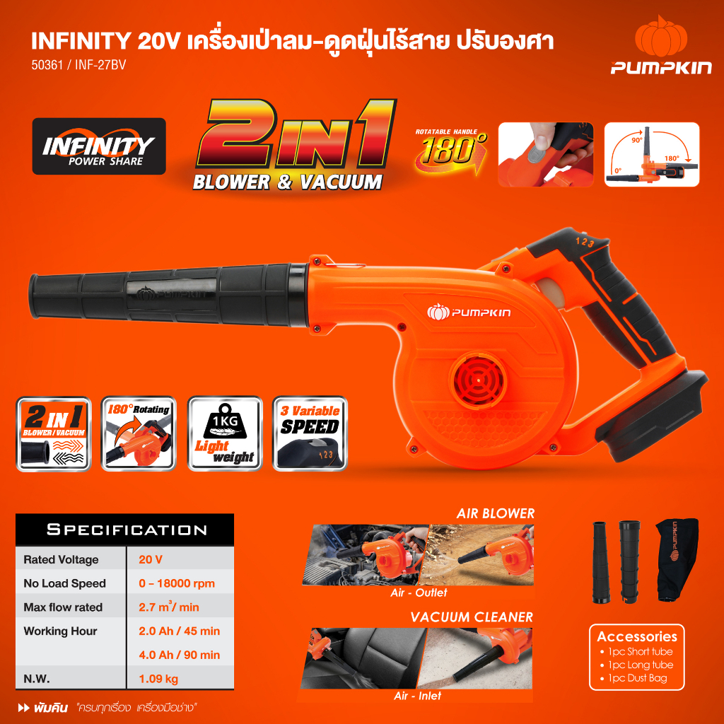 PUMPKIN INFINITY เครื่องเป่าลม / ดูดฝุ่น ไร้สาย BLOWER 2IN1 รุ่น INF ...