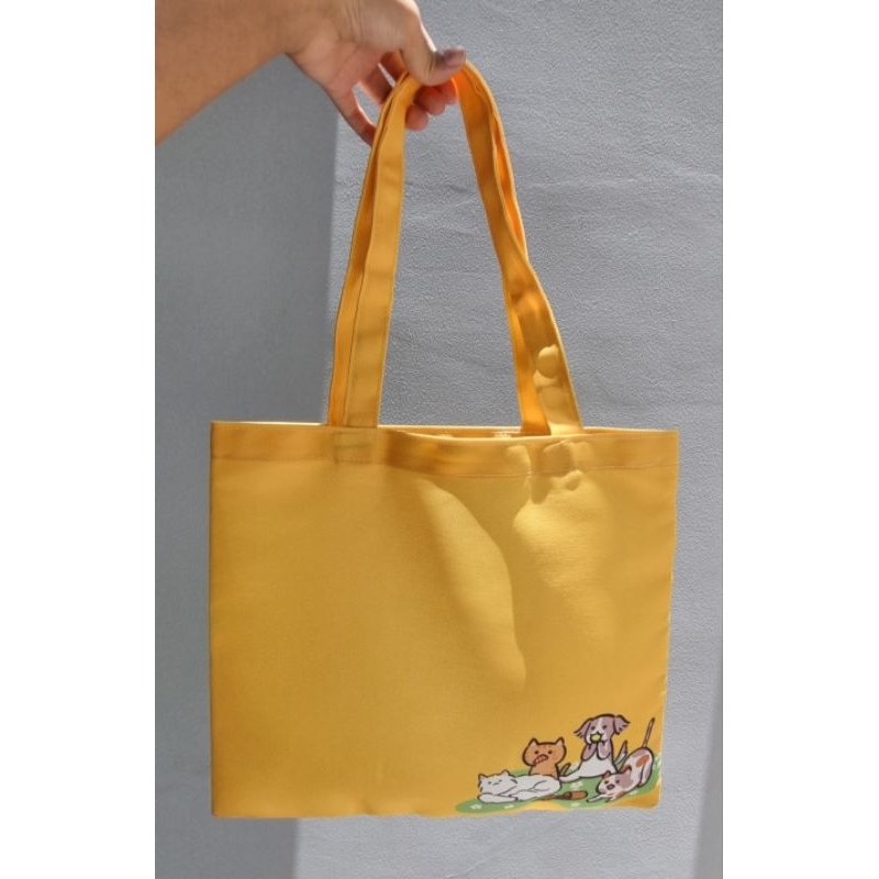 กระเป๋าผ้ารักษ์โลกลายน้องหมาน้องแมว-สีเหลืองมัสตาร์ด-eco-tote-bag