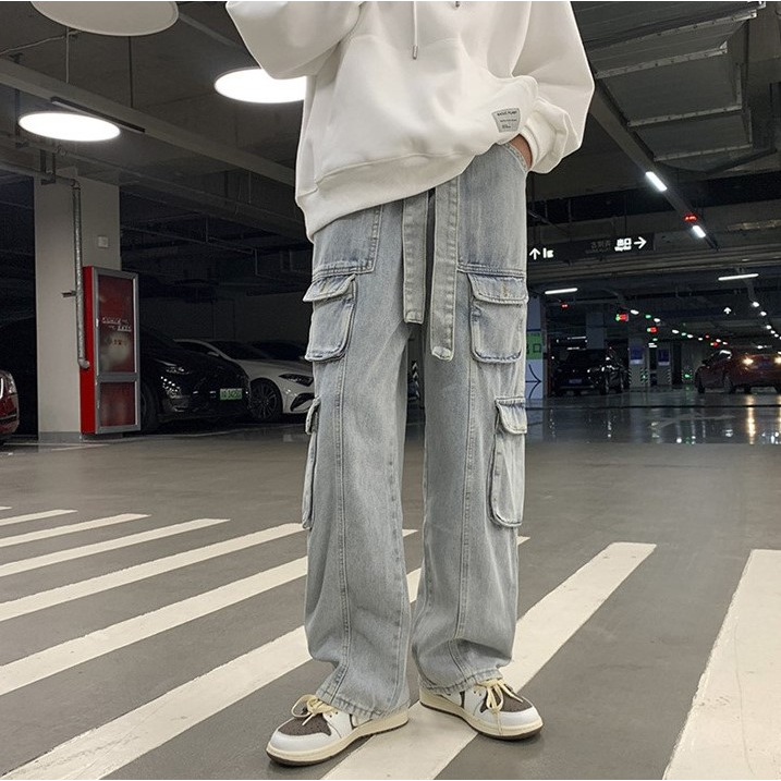 กางเกงคาโก้สียีนส์ฟอก8กระเป๋า-cargojeans-กางเกงคาโก้ยีนส์-กางเกงขากระบอกตรง-คาโก้-กางเกงสไตล์สตรีทรุ่น-blue-cargo-jeans
