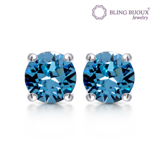 Bling Bijoux ต่างหู กลม คริสตัล Aquamarine Blue Fire Swarovski เงินแท้