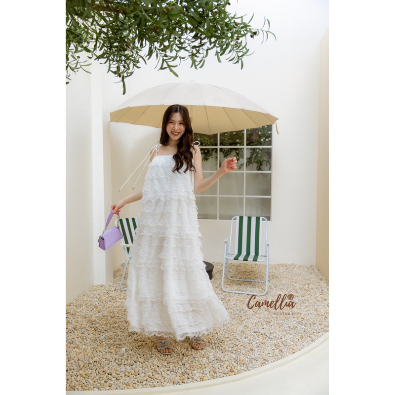 camelliaboutique-cm167-maxidress-สายเดี่ยวลูกไม้ระบายๆชั้นๆ-สีขาว-สวยลุะมุน