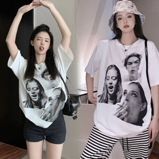 เสื้อโอเวอร์ไซส์เกาหลีน่ารัก OversizeT-shirts เสื้อผ้าแฟชั่นสาวอวบพิมพ์ลายวินเทจ เสื้อยืดแขนสั้นผู้หญิงสีขาว ผ้าเด้ง XXL