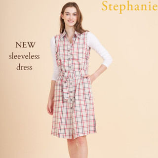 GSP Stephanie Dress แขนกุด ลายสก๊อต(ตาหมากรุก)สีเบจสลับสีแดง-เทา(OWD62LR)