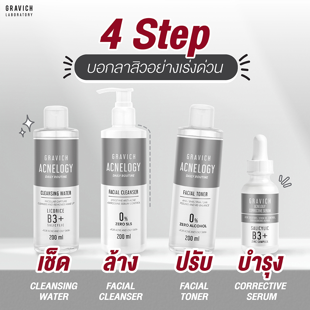 กราวิช-แอคเน่โลจี-คอเรคทีฟ-ลดสิว-หน้าใส-gravich-acnelogy-corrective-serum-toner-cleansing-water-cleanser-essence