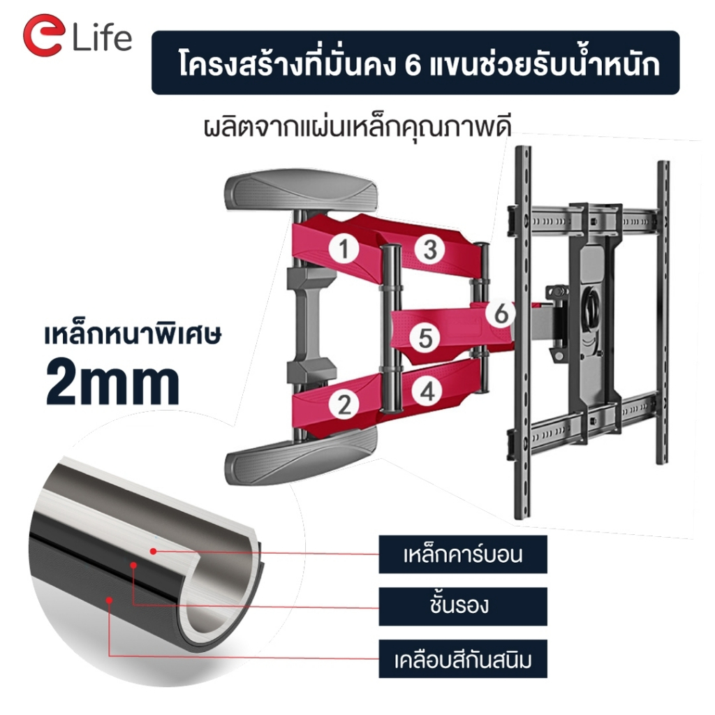 elife-ขาแขวนทีวีติดผนัง-ทีวี40-75-ยืดหดได้-รองรับ-45kg-ปรับก้ม-เงย-ซ้าย-ขวา-ขายึดทีวี-ขาแขวนทีวี-รุ่น-p6