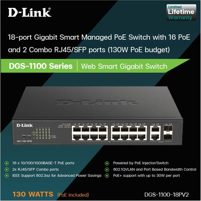 D Link DGS 1100 18PV2 18 Port L2 Gigabit Smart Managed PoE Switch With