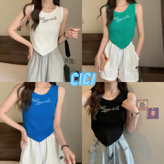 Cici(NO.01033)เสื้อกล้ามไหมพรมผ่าร่อง ดีเทลอักษรหน้าอก แต่งชายสามเหลี่ยมทรงสวย