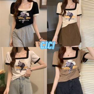 Cici(NO.M2910)เสื้อไหมพรมครอปแขนสั้นคอเหลี่ย ลายน้องเหมียวแต่งขอบน่ารักมากกก