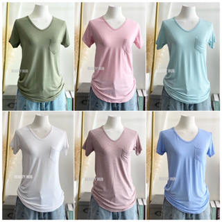 [069 ] เสื้อยืดเรย่อน คอวี  อก 30-42 สีพื้น มีกระเป๋า ผ้านุ่มใส่สบาย