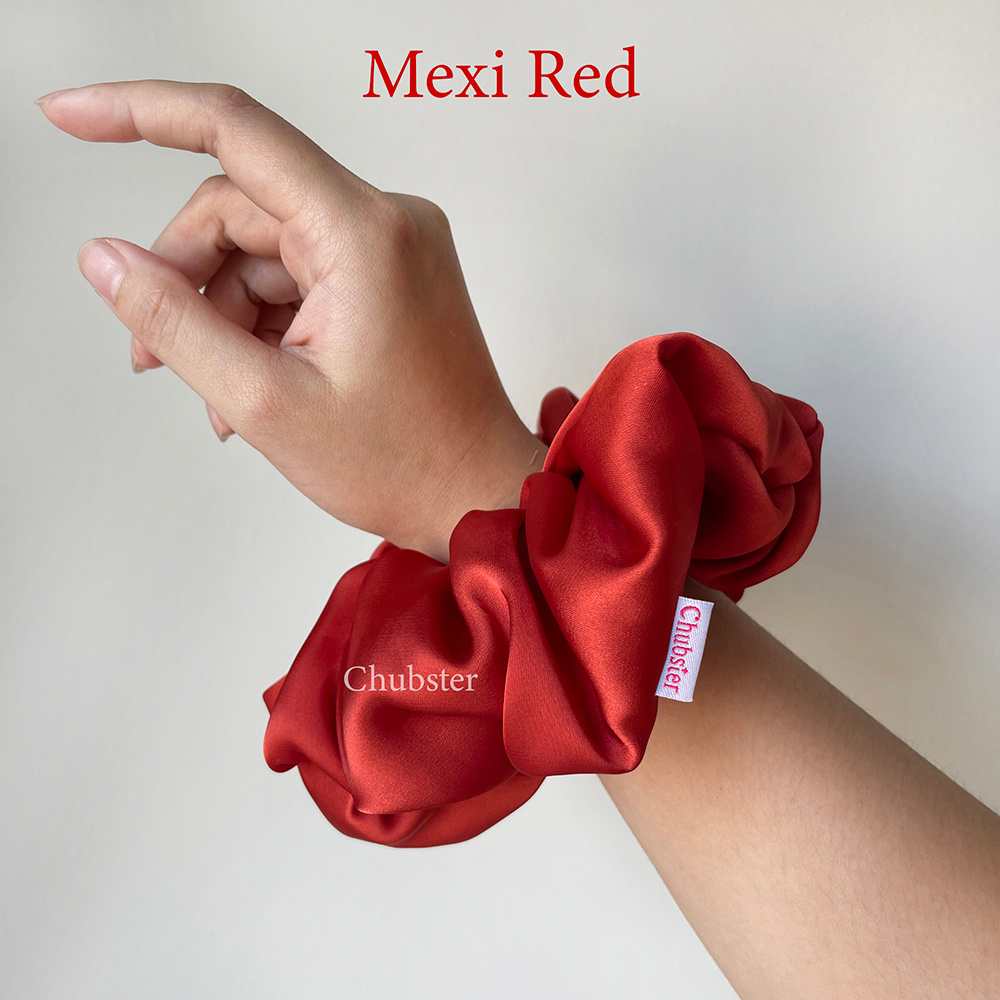 mexi-red-ยางรัดผมผ้าซาติน-บางลื่น-satin-scrunchies-ยางมัดผม-ยางรัดผมโดนัท