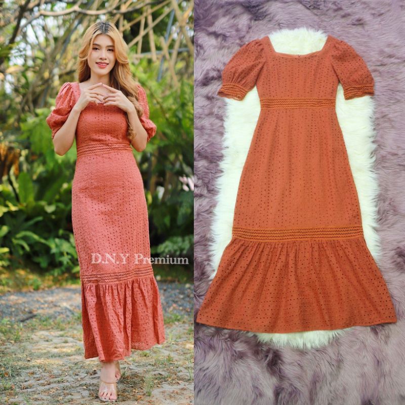 สีใหม่สวยมาก-m-2xl-maxi-dress-เดรสสีน้ำตาลอิฐผ้าฉลุลายแขนตุ๊กตา-งานป้าย-dny