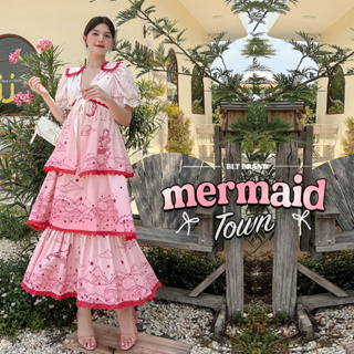 K76 Mermaid Town : Maxi Dress  เดรสยาวสีชมพูคอวีแขนตุ๊กตาผูก Ribbon กลางอก