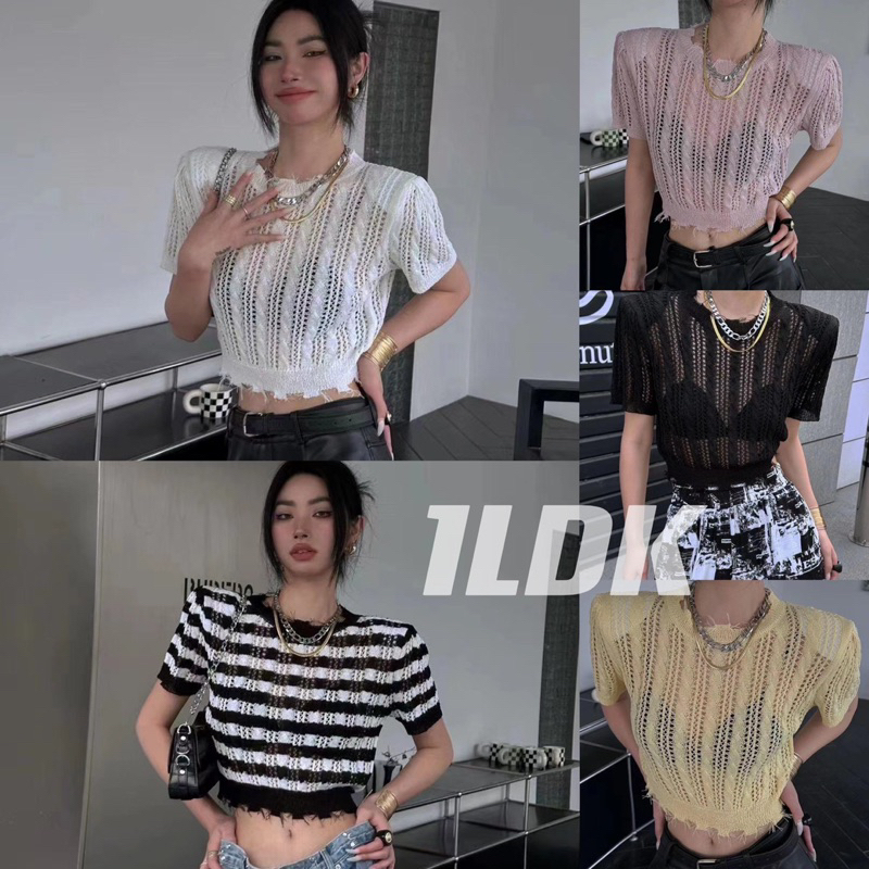 1ldk-พร้อมส่ง-เสื้อไหมพรมถักครอป-คอกลมแขนสั้น-ดีเทลหลุ่ยชาย-เกาหลีน่ารัก-32123