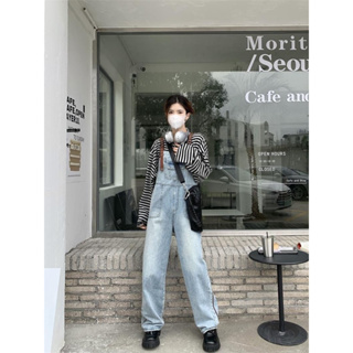 Manyjeans Overalls เอี๊ยมกางเกงยีนส์ขายาว สายเอี๊ยมสีน้ำตาล(พร้อมส่งในไทย)