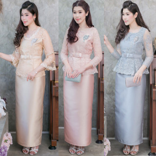 XXL✨ชุดไทยทำบุญ เสื้อลูกไม้+กระโปรง สีทอง/สีเทา/สีชมพูโรสโกล สวยๆจ้า