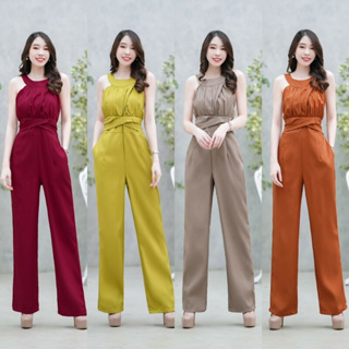 สินค้า MF17686  Jumpsuit จั๊มสูทขายาวแขนกุด อกจับจีบ ช่วงเอวแต่งผ้าไขว้ ทรงสวยเข้ารูป ทรงขายาว งานสุดหรู งานน่ารักๆดีไซน์เก๋ คอ