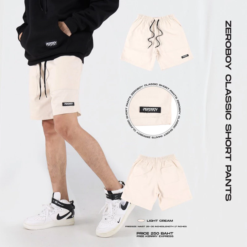 ZEROBOY - กางเกงขาสั้นวินเทจ เอวยางยืด สีขาว สีครีม สีเขียวมิ้นท์ สีเทาอ่อน สีกรม สีดำ https://wayoza.com