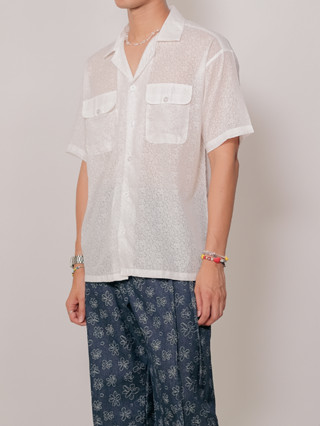 CLUB ✿ 01 Floral-Sheer Resort Shirt in White | เสื้อเชิ้ตคอเปิด สไตล์รีสอร์ท ผ้าซีทรูลายดอกไม้ สีขาว