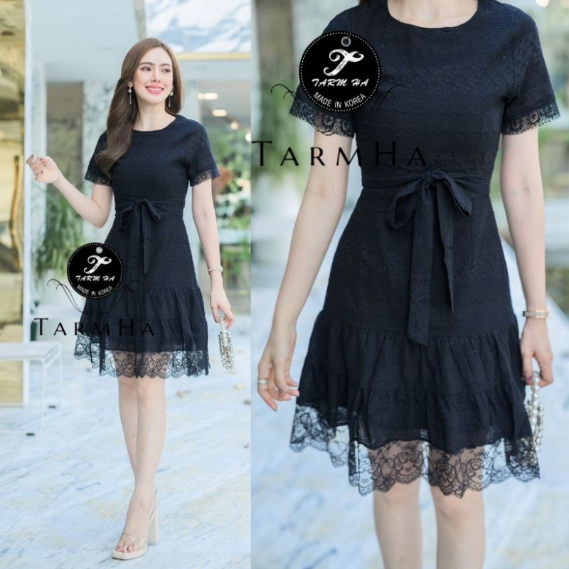 เดรสดำออกงาน-s-6xl-mini-dress-เดรสสีดำผ้าฉลุลายชายลูกไม้-สายผูกเอว-งานป้าย-tarm-ha