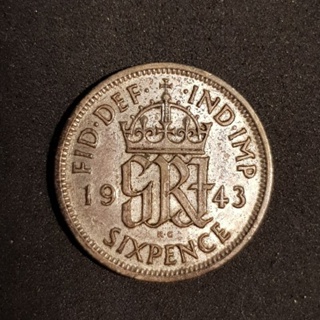 💥 เหรียญเก่าประเทศอังกฤษ ปี 1943/ ชนิด 6 pence