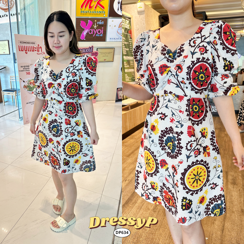 dressypพร้อมส่ง-new-dp634เดรสสั้นแต่ง-ย่นอก-แต่งผ้ายกไหล่-แขนพอง-มีซับในทั้งตัว-สม็อกหลัง-แต่งเชือกผูก