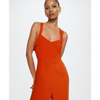 Mango ชุดจั้มสูทขายาว สายไขว้หลัง รุ่น Mango Mirlo Wide Leg Culotte Jumpsuit Orange