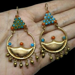 ต่างหู หินเทอร์ควอยส์ และ หินปะการัง แฮนเมด Afghan Turquoise &amp; Coral Earrings Dangle Jewelry Gemstone Handmade