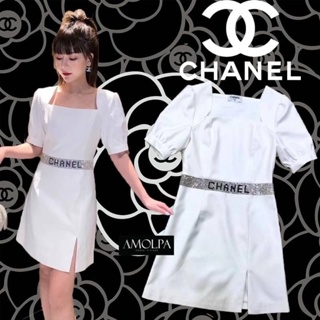 DRESS CHANEL งานดีมาก ซับในทั้งตัว  ช่วงเอวแต่งแถบเพชรอักษร CHANEL   ผ้าใส่สบาย  ไม่คันนนแต่อย่างใด