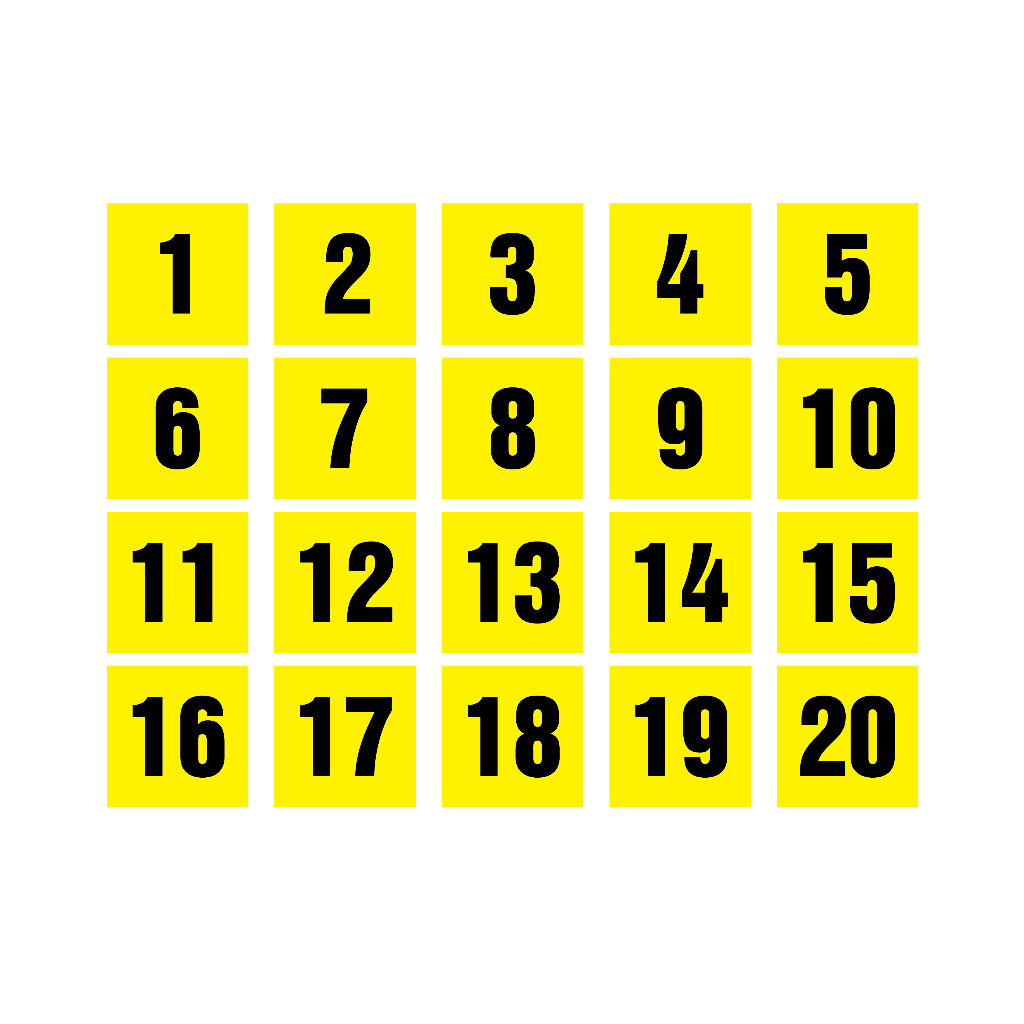 sticker-สติกเกอร์-ติดประตู-ผนัง-กำแพง-สี่เหลี่ยม-ป้ายตัวเลข-1-20-พื้เหลืองเลขดำ-1-a4-ได้รับ-20-ดวง-รหัส-g-033
