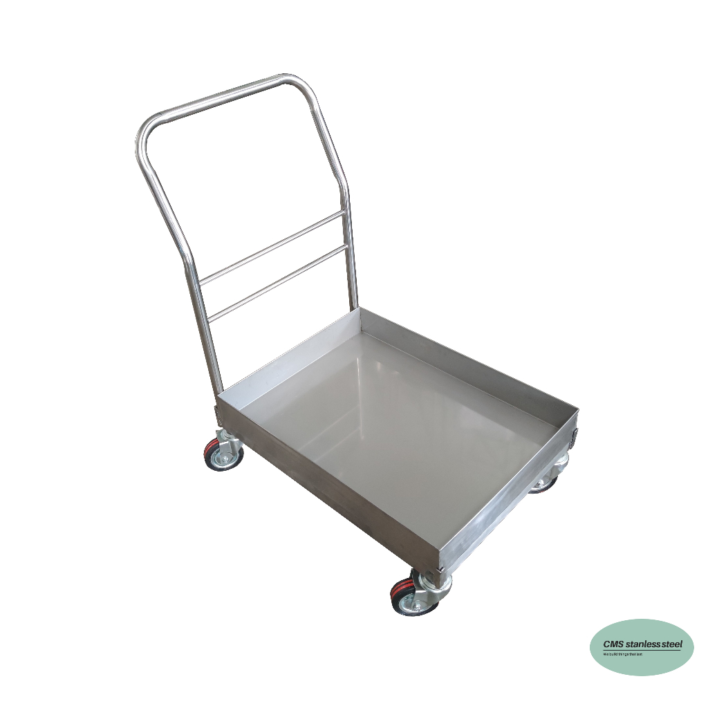 cms-รถเข็นพร้อมถาดรอง-รถเข็นสเตนเลส-รถเข็นเอนกประสงค์-stainless-steel-cart-ขนาด50-70ซม-ด้ามเข็นสูง80ซม-ล้อขนาด4นิ้ว