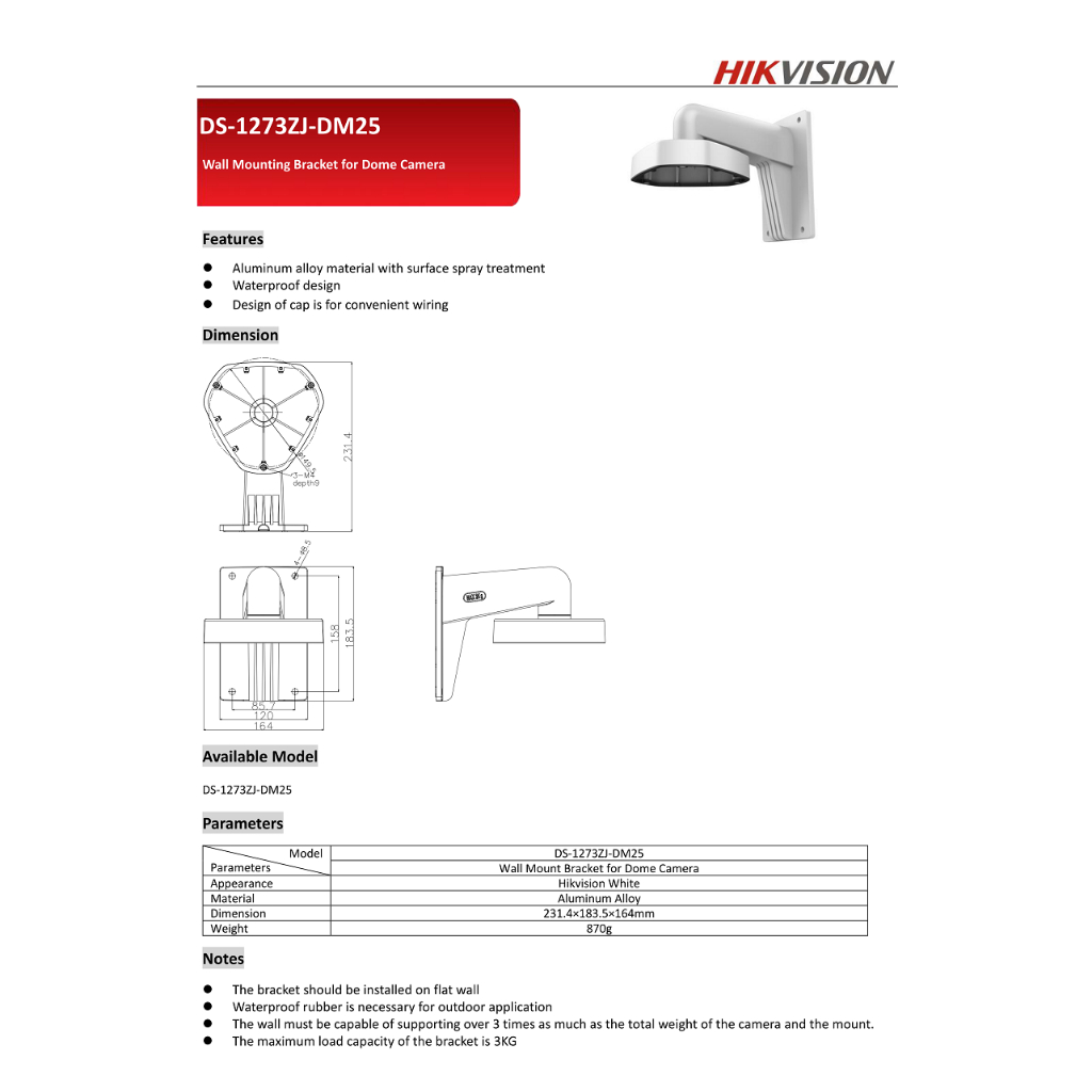 hikvision-ขายึดกล้องวงจรปิด-ip-สำหรับกล้องโดม-รุ่น-ds-1273zj-dm25