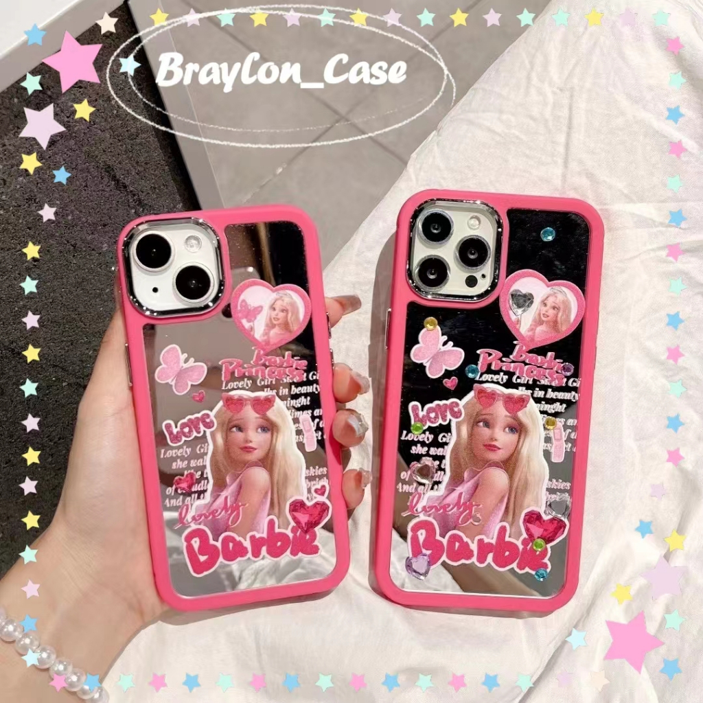 braylon-จัดส่งภายใน24ชม-ขอบเต็ม-iphone-11-14-pro-max-การ์ตูน-ขอบสีชมพู-barbie-doll-พื้นผิวกระจก-case-for-iphone-12-13